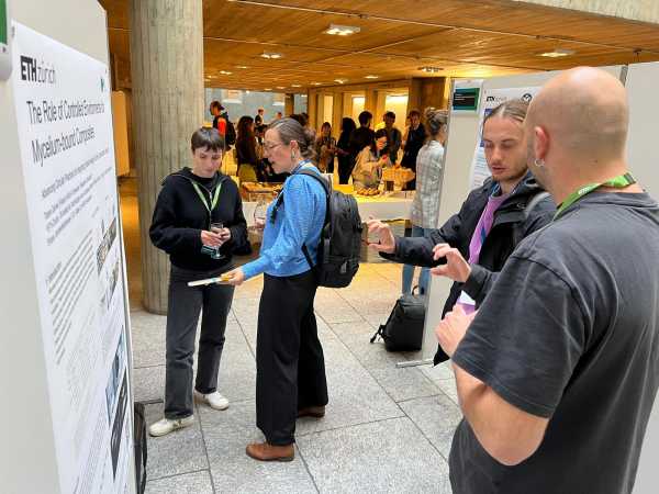 People standing in front of posters, discussing them